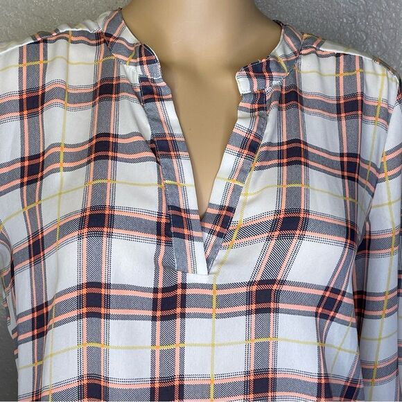 Penelope Long Sleeve Plaid Pattern Lightweight Blouse Cream Neon Coral Black Med - Picture 4 of 11